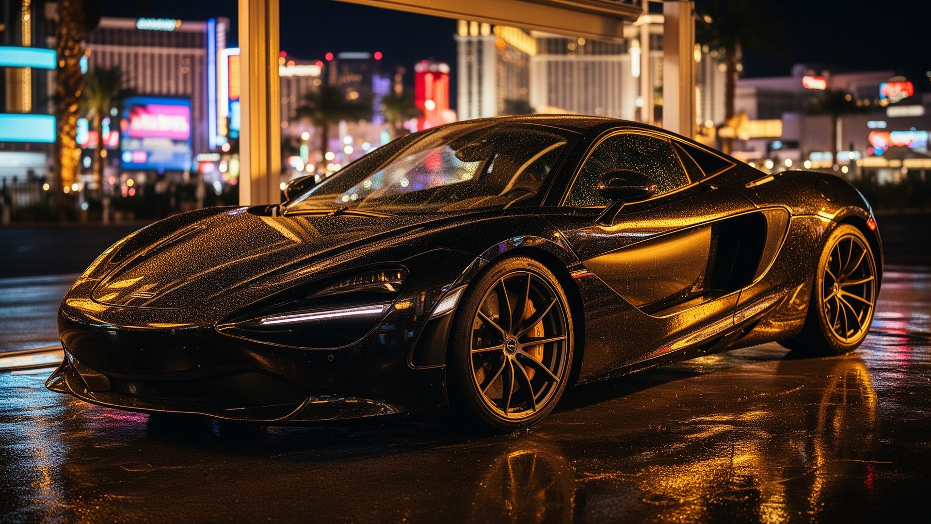 Luxury black sports car detailed under Las Vegas lights